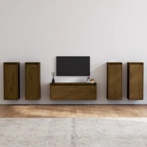 vidaXL Televizoriaus spintelės, 5vnt., medaus rudos, pušies masyvas